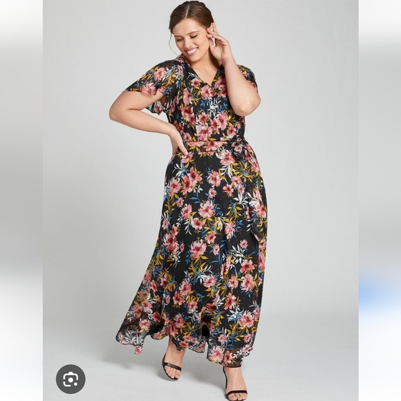 Lane Bryant Black Colorful Floral Modest Feminine Textured Maxi Dress Size 14 - Picture 1 of 8